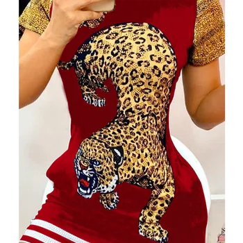 2021 Nauja Mada Moterims Vasaros Bodycon Mini Suknelė Tigras Spausdinti Trumpas Rankovės Atsitiktinis Suknelė