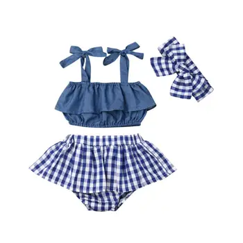 0-3Y Bamblys Kūdikių Mergaičių Drabužių Rinkinys, Mėlynos spalvos Pledas Raukiniai Šortai + Lankas Vest Viršūnes Komplektus Vasaros Baby Girl Kostiumai
