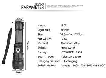 100000LM Ryškiausių XHP160 LED Žibintuvėlis XHP50 Įkraunamas USB Zoomable Fakelas Lanterna Naudoti 18650 26650 Medžioklės Žibintas Camping