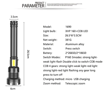100000LM Ryškiausių XHP160 LED Žibintuvėlis XHP50 Įkraunamas USB Zoomable Fakelas Lanterna Naudoti 18650 26650 Medžioklės Žibintas Camping