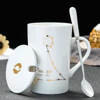 12 Žvaigždynų Kūrybinės Keramikos Kavos Puodelius su Šaukštu Dangtelis Juodos ir Aukso Porceliano Zodiako Pieno Kavos Puodelio Vandens Drinkware