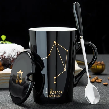 12 Žvaigždynų Kūrybinės Keramikos Kavos Puodelius su Šaukštu Dangtelis Juodos ir Aukso Porceliano Zodiako Pieno Kavos Puodelio Vandens Drinkware