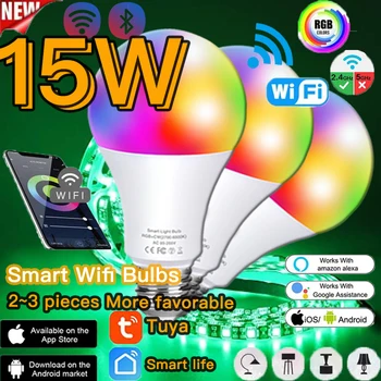 15W E27 LED Smart Lempos Lemputė Wifi Bluetooth /ir SPINDULIŲ Nuotolinio Valdymo Pritemdomi AC85-265V naktinė lempa Dirbti su Alexa, Google APP Asistentas