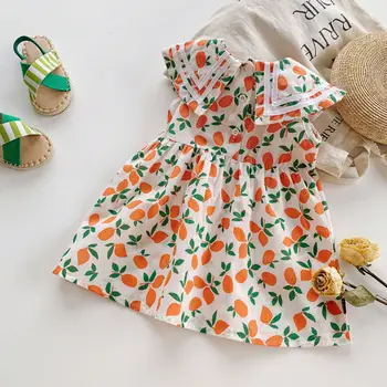 2-7T Mielas Spausdinimo Suknelė Mergaitėms Bamblys Vaikas Kūdikių Drabužiai Vasaros Rankovių Mini Suknelė Elegantiškas Saldus Puikus Medvilnės Suknelė
