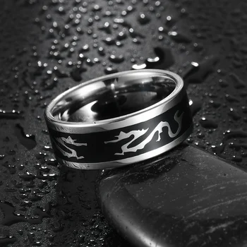 2020 Naujas Mados 8mm Klasikinis Žiedas Vyrų 316L Nerūdijančio Plieno Papuošalai Vestuvių Žiedą Žmogus Juodasis Drakonas Dydis 7-11