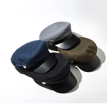 2020 naujas mados unisex PU odos karinės kepurės rudenį sailor skrybėlę vyras juoda pilka flat top moterų kelionės studentų skrybėlę kapitonas skrybėlę