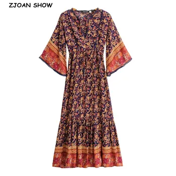 2021 Bohemijos Jungiamąją Iki V kaklo Gėlių Atostogų Ilga Suknelė Moteris Lygiosios Lankas Reguliuoti Juosmens ilgomis Rankovėmis Kamuolys Kutas Suknelės BOHO Paplūdimys