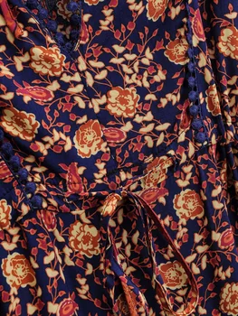 2021 Bohemijos Jungiamąją Iki V kaklo Gėlių Atostogų Ilga Suknelė Moteris Lygiosios Lankas Reguliuoti Juosmens ilgomis Rankovėmis Kamuolys Kutas Suknelės BOHO Paplūdimys