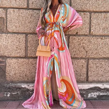 2021 Derliaus Šifono Prarasti Ilga Suknelė Moterims, Elegantiškas Batwing Rankovėmis V-Kaklo Spausdinti Tunika Skraiste Suknelė Vasaros Atostogų Paplūdimio Suknelės