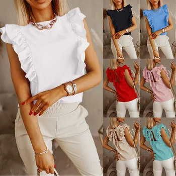 2021 Europos ir Amerikos vasaros naują prarasti apvalios kaklo vientisos spalvos susiėmę trumparankoviai marškinėliai moterims