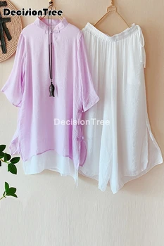 2021 kinijos tradicinės palaidinės moterims cheongsam top marškinėliai moteriška medvilnės, lino palaidinės kinijos tang laisvi marškinėliai kelnės