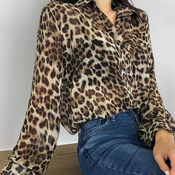 2021 M. Pavasarį, Rudenį Moterys Single-Breasted Ilgomis Rankovėmis Didelio Dydžio Palaidinukės Mados Šifono Spausdinti Leopard 