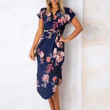 2021 M. Vasarą Ilgai Boho Suknelė Plius Dydis Geometrijos Midi Suknelė Moterims V Kaklo Gėlių Sundresses Moterų Dryžuotas Šalis Suknelė