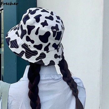 2021 Mados Grįžtamasis Juoda Balta Karvė Modelis Kibirą Skrybėlės Žvejys Kepurės Moterims Gorras Vasaros Saulės Moterų Sunhat Bob