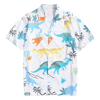 2021 Mados Havajų Marškinėliai Vyrams Havajų Mens Dinozaurų Animacinių Filmų Spausdinti Baltos, Rausvos Spalvos Marškinėliai Vyrams Korėjos Atsitiktinis Atostogų Marškinėliai