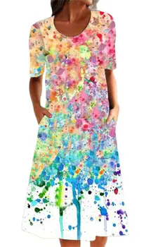 2021 Naujas Vasaros Moterų Mados Derliaus Gėlių Spausdinti Suknelė Atsitiktinis Pusė Rankovės O-Kaklo Dot Midi Dydžio Prarasti Suknelė Vestidos 3XL