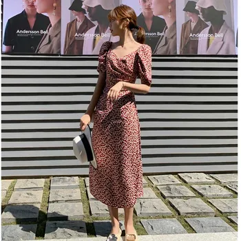 2021 Naujų Korėjos Vientisas Vasarą V-Kaklo, Moterims Splitas Šakių Suknelė Mados Dot Šifono Plonas Juosmens Trumpas Sluoksniuotos Rankovėmis Ponios Suknelė