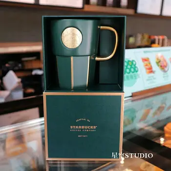 2021 New Starbucks Cup with Logo Ceramic Mug Dark Green Gradient Diamond Stripe Goddess Nameplate Coffee Cup Gift Box for Friend