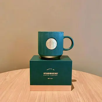 2021 New Starbucks Cup with Logo Ceramic Mug Dark Green Gradient Diamond Stripe Goddess Nameplate Coffee Cup Gift Box for Friend