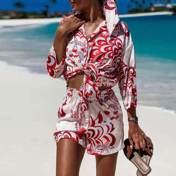 2021 Vasaros Atsitiktinis Dviejų dalių Rinkinys Moterims Sexy V Kaklo Nėriniai-up Top Marškinėliai + Šortai Apranga Ponios Elegantiškas Satino Paplūdimio Kostiumai Su Skara