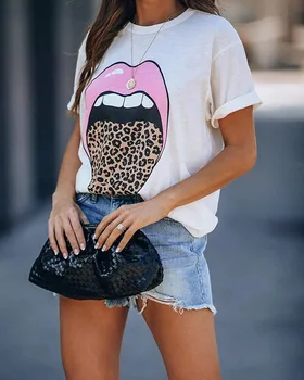 2021 vasaros Europoje ir moterų kailis leopardas spausdinti rožinis lūpų apvalios apykaklės trumpomis rankovėmis T-shirt