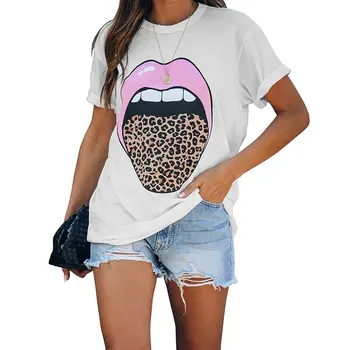 2021 vasaros Europoje ir moterų kailis leopardas spausdinti rožinis lūpų apvalios apykaklės trumpomis rankovėmis T-shirt