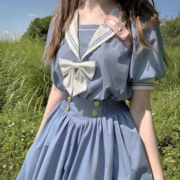 2021 Vasaros Japanese Lolita Saldus Lankas-mazgas Retro Medvilnės Kawaii Preppy Stiliaus trumpomis Rankovėmis Suknelė Moterims Sailor Apykaklės Navy Suknelė