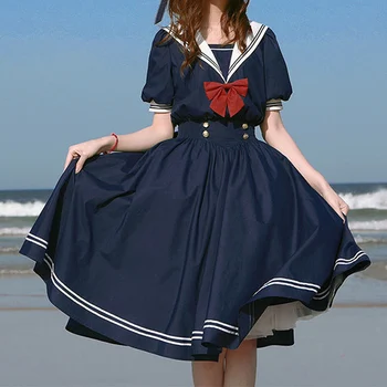 2021 Vasaros Japanese Lolita Saldus Lankas-mazgas Retro Medvilnės Kawaii Preppy Stiliaus trumpomis Rankovėmis Suknelė Moterims Sailor Apykaklės Navy Suknelė