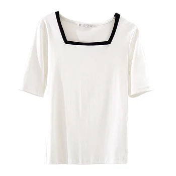 2021 Vasaros Marškinėliai Moterims Laisvalaikio Moteriški Tee Marškinėliai U-Kaklo Viršūnes Pusė Rankovės Medvilnės marškinėliai Ponios Clothings Juoda Balta
