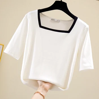 2021 Vasaros Marškinėliai Moterims Laisvalaikio Moteriški Tee Marškinėliai U-Kaklo Viršūnes Pusė Rankovės Medvilnės marškinėliai Ponios Clothings Juoda Balta