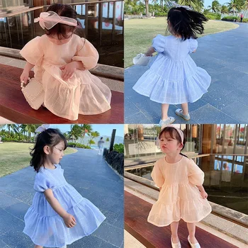 2021 Vasaros Mergaitės Korėjos Mielas Suknelė, 2-7 Metų Vaikams Saldus Drabužius, O-Kaklo Burbulas Rankovėmis Suknelės Mergaitėms, Vaikams Laisvalaikio Drabužiai