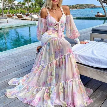 2021 Vasaros Moterų Paplūdimio Suknelė Atsitiktinis Mados Slim Gatvės Seksualus Spausdinti Elegantiškas Prarasti Apkaustai, Viena Linija, Ilga Suknelė Iškirpte