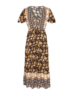 2021 Vasaros Sūpynės Elegantiškas Bohemijos Suknelė Moterims Gėlių Spausdinti Giliai V Kaklo Moteriška Ruffles Atostogų Šalis Boho 