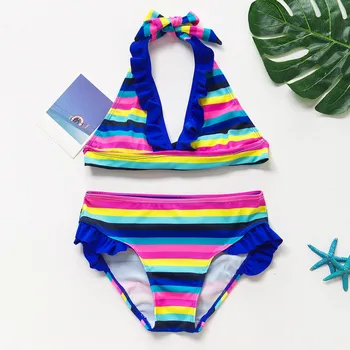2021new Paauglių Vaikų Mergaičių Vaivorykštė Dryžuotas Dviejų vienetų maudymosi kostiumėlį, maudymosi Kostiumėliai, Bikini Apranga 