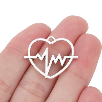30 x Sidabro Spalvos širdies Plakimas/Elektrokardiograma Širdies Pakabukai Karolius, Granules, 2 Pusių, 