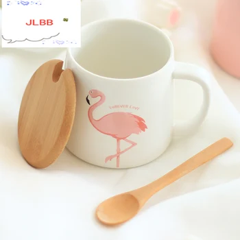 350ml Mielas Pink Flamingo Keraminės Kavos Puodelis su Dangteliu ir Šaukštu Kavos, Pieno, Arbatos Puodeliai Vandens Kūrybos Dovanos