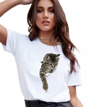 3D katė spausdinti marškinėliai, ponios atsitiktinis Harajuku trumparankoviai O-kaklo pigūs streetwear, 2021 m. vasaros nauji patogūs drabužiai