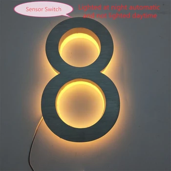 3D LED Saulės namų numeriai(#0-9) led apšviestas, nerūdijančio plieno, adresą, numerį, Automatinis Valdymo Sensorius Jungiklis durų skaičius