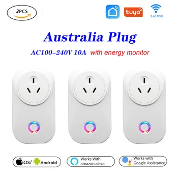 3pcs Tuya WIFI Smart Lizdas Smart Plug Australija Plug (10A Nuotolinio Valdymo Alexa, Google pradžia Energijos Monitorius