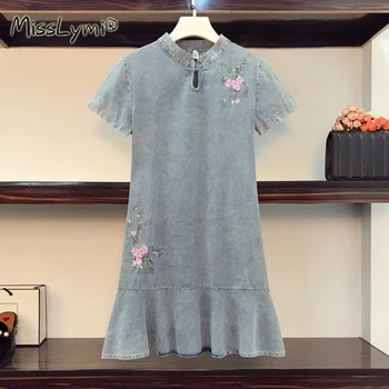 4XL Plius Dydis Moterų, Gėlių Siuvinėjimas Džinsinio audinio Suknelė Vasaros 2021 Kinijos Vintage Stiliaus trumpomis Rankovėmis Prarasti Pynimas Retro Jean Suknelės