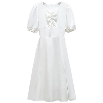 4XL Plius Dydis Moterų prancūzijos Elegantiška Balta Suknelė Vasaros 2021 M. Derliaus Raukšlės Aikštėje Apykaklės Sluoksniuotos Rankovėmis Aukštos Juosmens A-Line Dresses