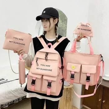 5Piece Nustatyti Kawaii Schoolbags už nepilnametės Moterys Kuprinė 2021 Drobės Keliauti Atgal pack Studentų sąsiuvinis Bookbags Schoolbags