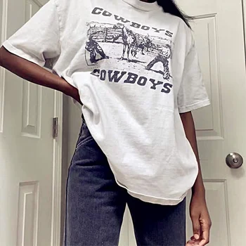 80s, 90s American Vintage Kaubojus Spausdinti Moterų Grafinis Tees Baltos Medvilnės Negabaritinių Stiliaus Marškinėliai Ins Fashoin trumpomis Rankovėmis Viršūnes