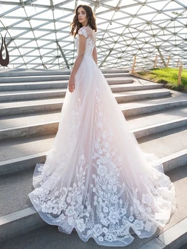 A-Line Tiulio Vestuvių Suknelės 2021 Vien O-Kaklo Bžūp Rankovėmis Nėrinių Appliques Karoliukai Puošnus Ilgas Nuotakos Suknelė Valymo Traukinio Mygtuką 