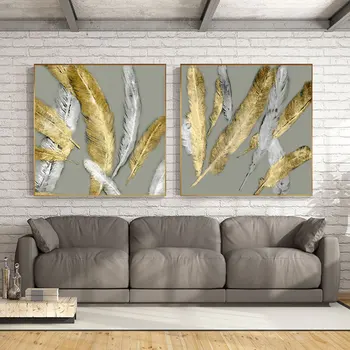 Abstrakti Aukso Plunksna Tapybos Drobės Aukso Plakatas ir Spausdinimo Modernios Sienos Meno Nuotrauką Kambarį Eilėje Pluma Cuadros Salonas