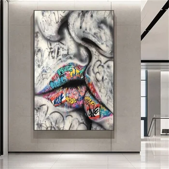 Abstrakti Graffit Meilužis Kiss Lūpų Menas, Plakatų ir Spausdina ant Drobės Paveikslą ant Sienos Meno Street Art Nuotraukų Kambarį