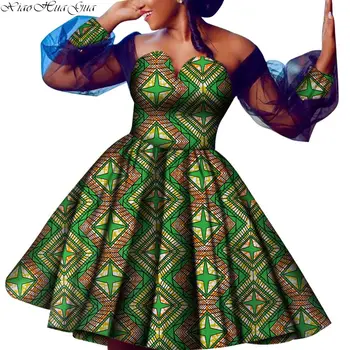 Afrikos Suknelės Moterims Seksualus Off Peties Siūlai Rankovėmis Suknelė Ankara heidi bazin Riche Afrikos Vaškas Spausdinti Prom Šalies Trumpą Suknelę WY6765