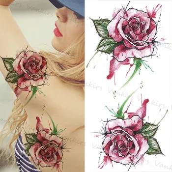 Akvarelė 3D Rose Laikinos Tatuiruotės Moterys, Merginos Dream Catcher Plunksnų Tigras, Gyvatė Netikrą Tatuiruotę Lipdukas Atgal Rankos Tatoos