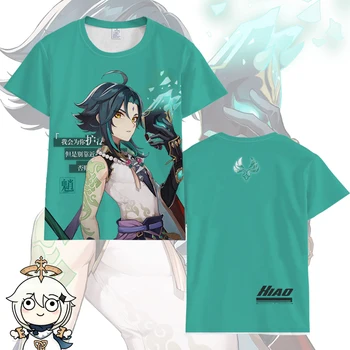 Anime Žaidimas Genshin Poveikio Xiao Cosplay T-shirt Spausdinti Marškinėliai trumpomis Rankovėmis Viršuje Unisex Paauglių XS-5XL