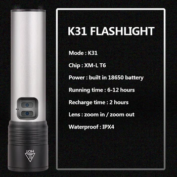 Atsparus vandeniui, su Built-in 1200mah, LED Lemputes, XML T6 USB Įkraunamas LED Žibintuvėlis Kempingas Šviesos Zoomable Fakelas Ličio Baterija
